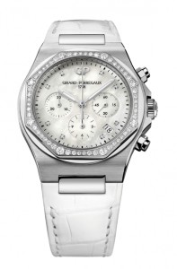 White alligator leather band with diamond details around the face of the watch by Girard-Perregaux