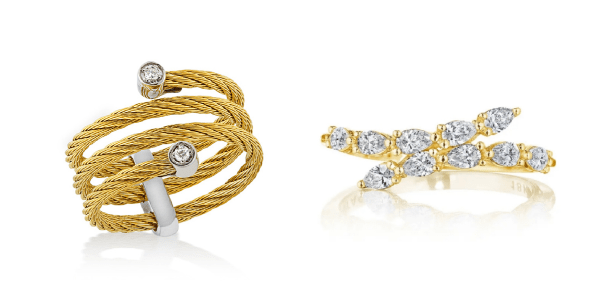 A gold cable ring from Alor with a wrap-around diamond ring from TACORI.