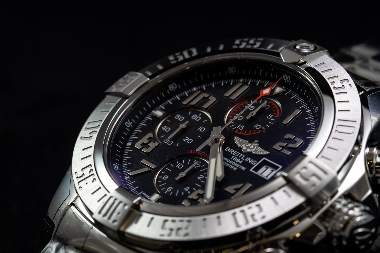 A close-up image of a sporty Breitling watch.