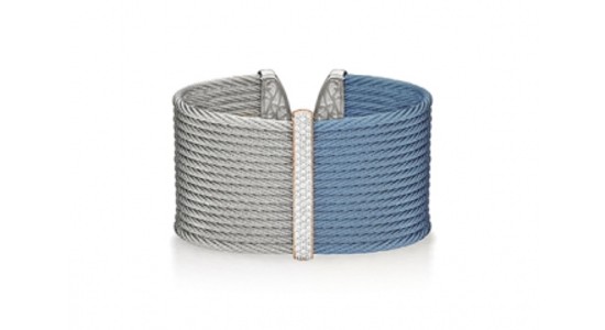 a silver and blue cable bracelet with diamond accents by ALOR