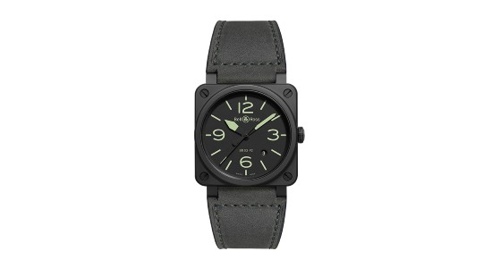 a black Bell & Ross watch with luminous hands and indices
