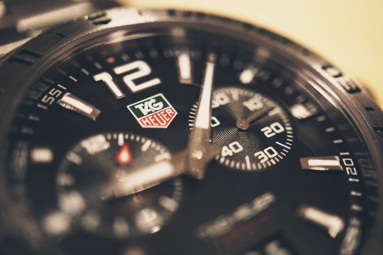 A close-up of a TAG Heuer wristwatch.