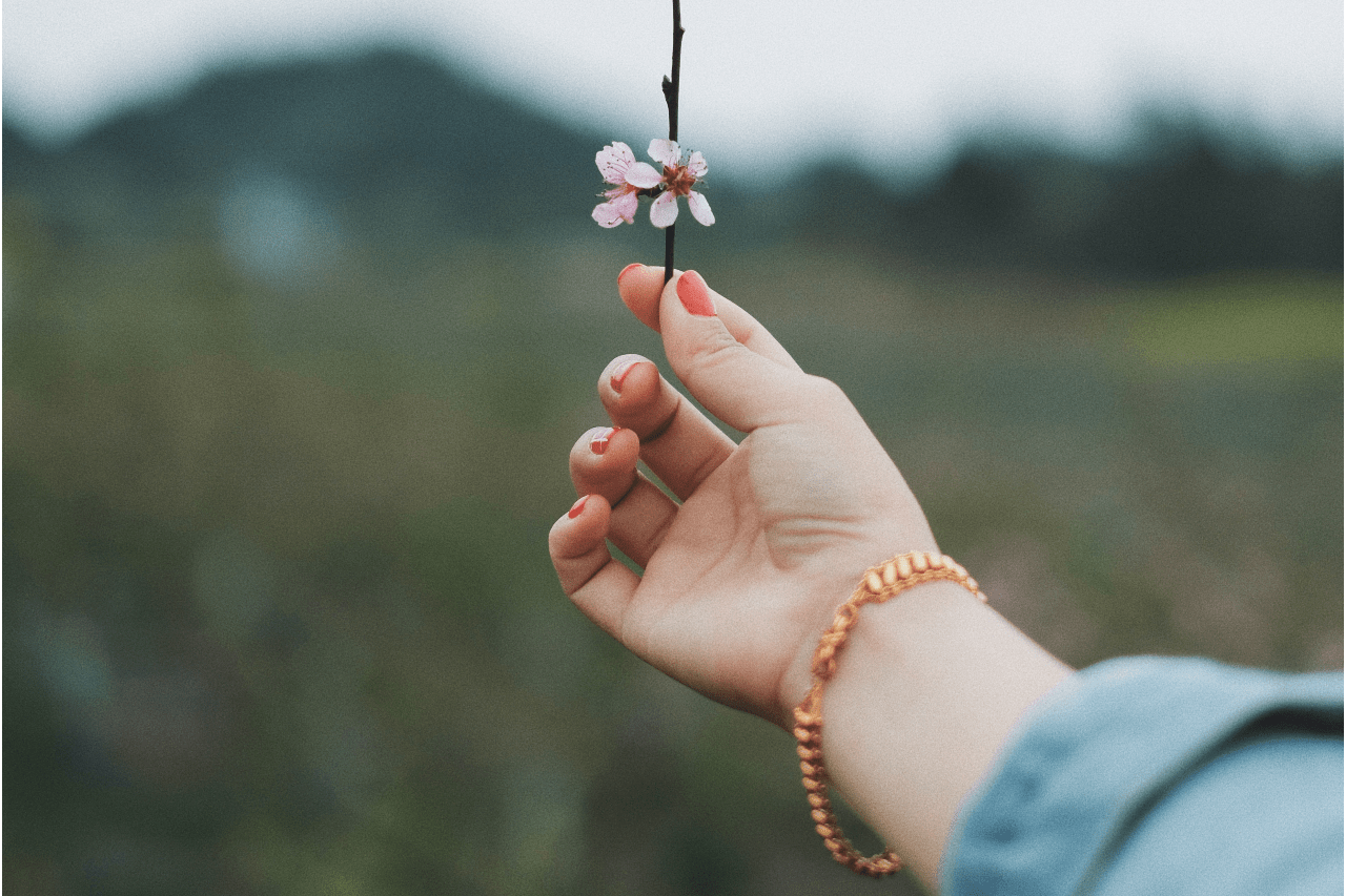 A delicate gold bracelet wraps around a wrist, holding a small pink blossom against a blurred natural background.