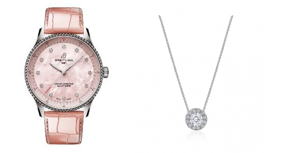 a pink and silver watch next to a white gold diamond necklace