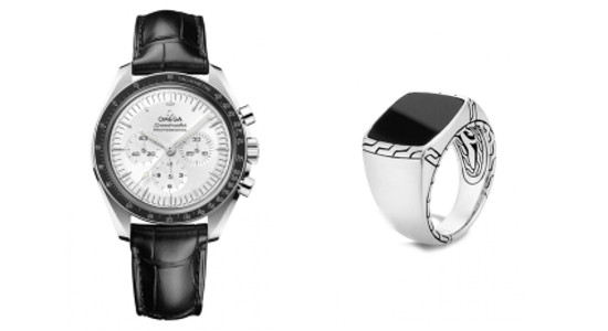 a silver and black watch with a silver and black fashion ring